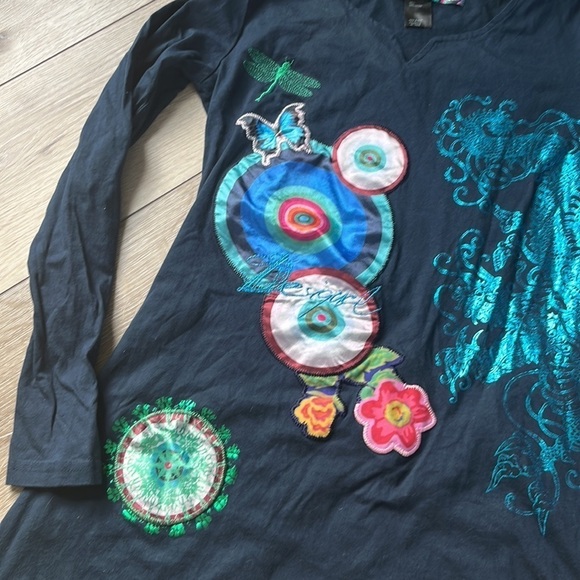 DESIGUAL Girl's Tunic Top Long Sleeve Embroidered Dragonfly Applique - Picture 2 of 7